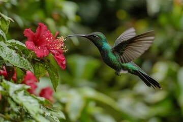 Fototapeta premium Hummingbird flying and drinking nectar from red flower