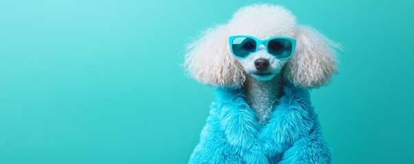 Fototapeta premium A dog in a bright electric blue fur coat and stylish sunglasses, sitting against a background that fades from pastel mint green into deep teal hues.