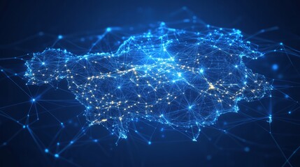 A 3D network map of the imaginary country, covered in glowing mesh lines and point clusters on a modern blue background