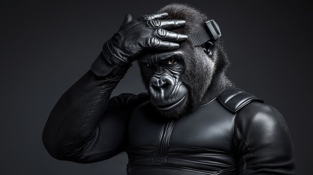 A gorilla in a black leather bodysuit, standing powerfully against a gradient that fades from deep charcoal grey to rich black.
