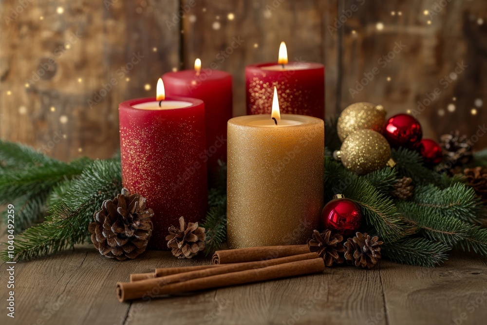 Poster a festive arrangement of red and gold candles set amidst pine branches and ornaments on a rustic woo