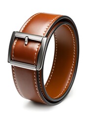 Leather belt with a classic design in brown color on a white background with copy space
