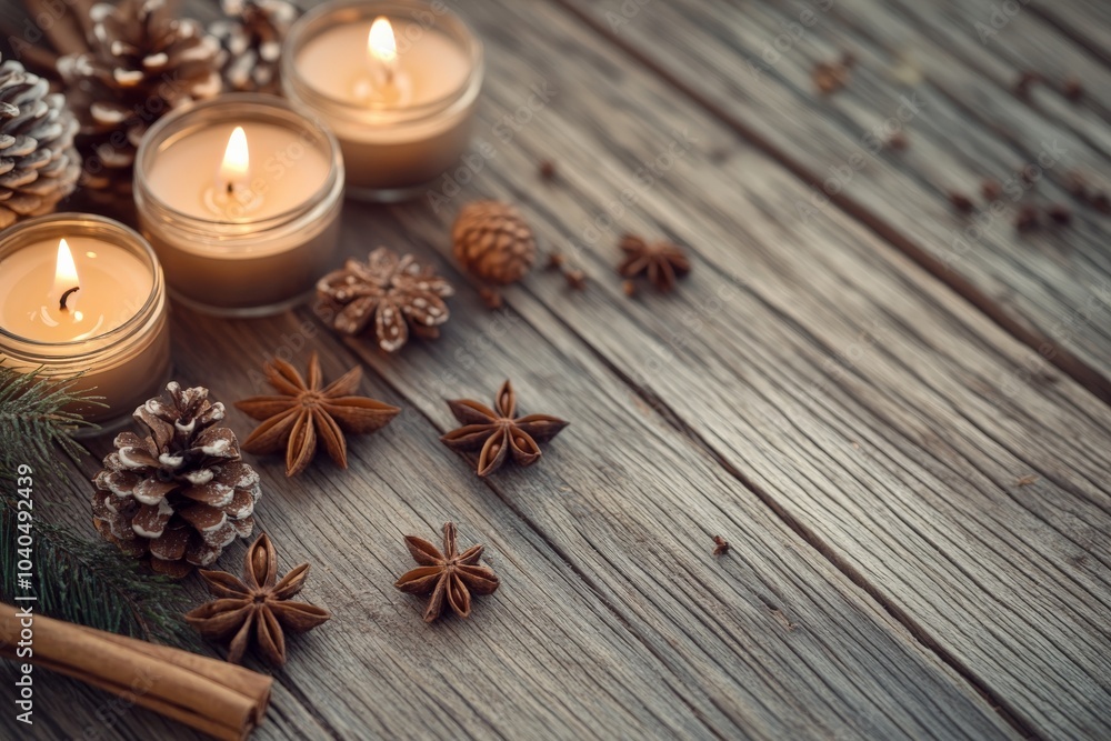 Poster four small candles emit a soft glow on a wooden surface surrounded by pine cones, star anise, and ci
