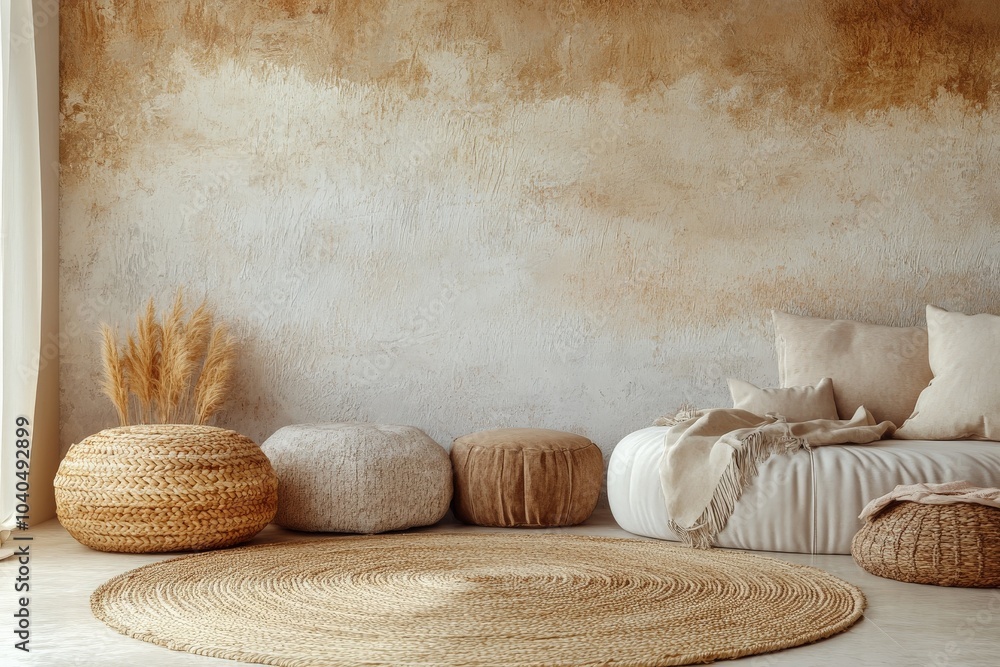 Poster a cozy room with a warm rustic feel decorated in neutral tones, including woven seats and natural el