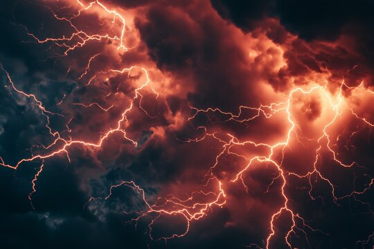 Fiery, vivid red and orange clouds lit by lightning strikes during a storm at sunset, presenting a breathtaking view of nature&rsquo;s fierce and vibrant palette.