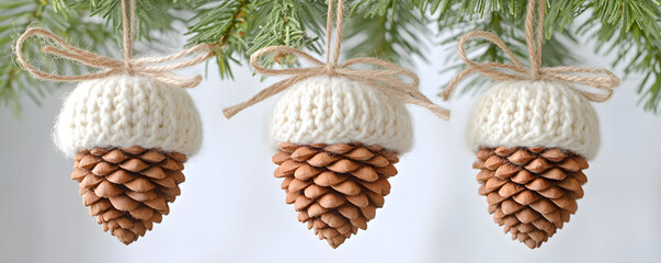 Handcrafted Pinecone Ornaments with White Knitted Hat for Christmas, Xmas DIY Decor, Winter Holiday Banner 