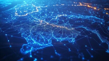 A 3D network map of the imaginary country, covered in glowing mesh lines and point clusters on a modern blue background