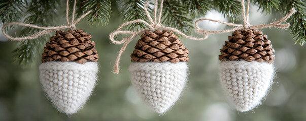 Crocheted Pinecone Ornaments Hanging on Christmas Tree, Xmas Holiday Banner