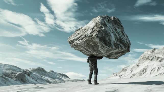 A conceptual image of a person carrying a mountain on their back, symbolizing the burden of modern responsibilities, Mountain landscape