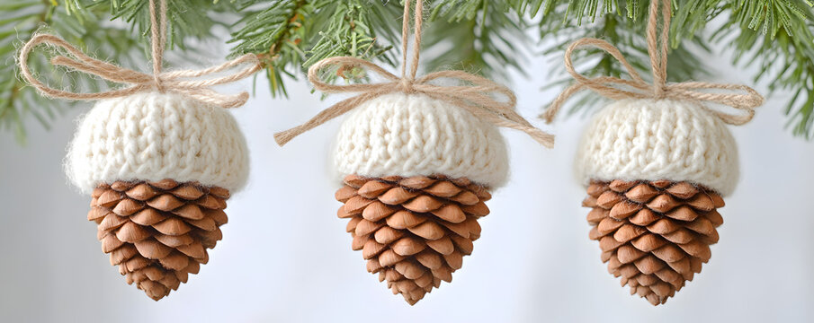 Handcrafted Pinecone Ornaments with White Knitted Hat for Christmas, Xmas DIY Decor, Winter Holiday Banner 