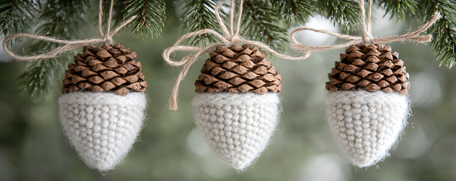 Crocheted Pinecone Ornaments Hanging on Christmas Tree, Xmas Holiday Banner