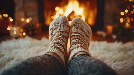 Close-up of Legs in Warm Wool Socks by Christmas Fireplace