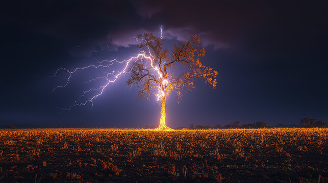 Lightning strikes a lonely old tree in a field. High detail. Time laps photo.