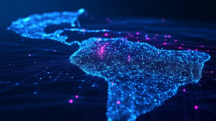 A 3D network map of the imaginary country, covered in glowing mesh lines and point clusters on a modern blue background