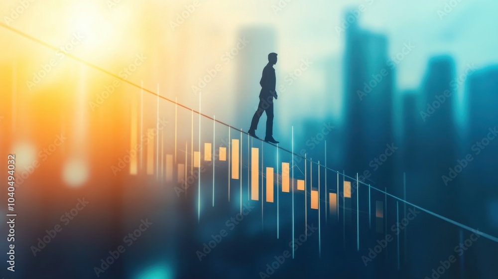 Poster A conceptual image of a person walking a tightrope made of bar graphs and charts, representing the balancing act of modern business life, Abstract background