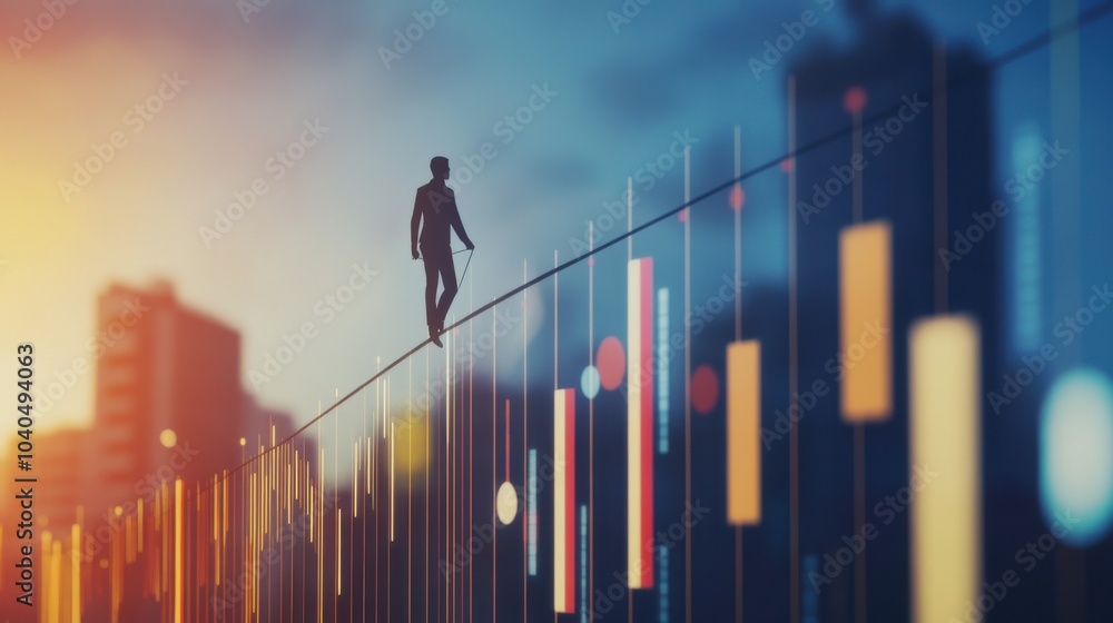 Poster A conceptual image of a person walking a tightrope made of bar graphs and charts, representing the balancing act of modern business life, Abstract background