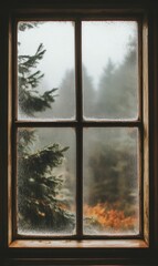A misty forest view through a windowpane.