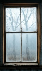 Frosted window with a blurry, wintry view.