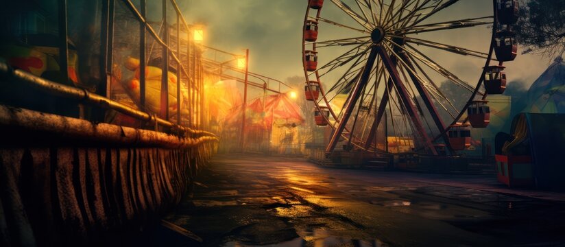 An empty, foggy amusement park with a Ferris wheel and stalls in the background.
