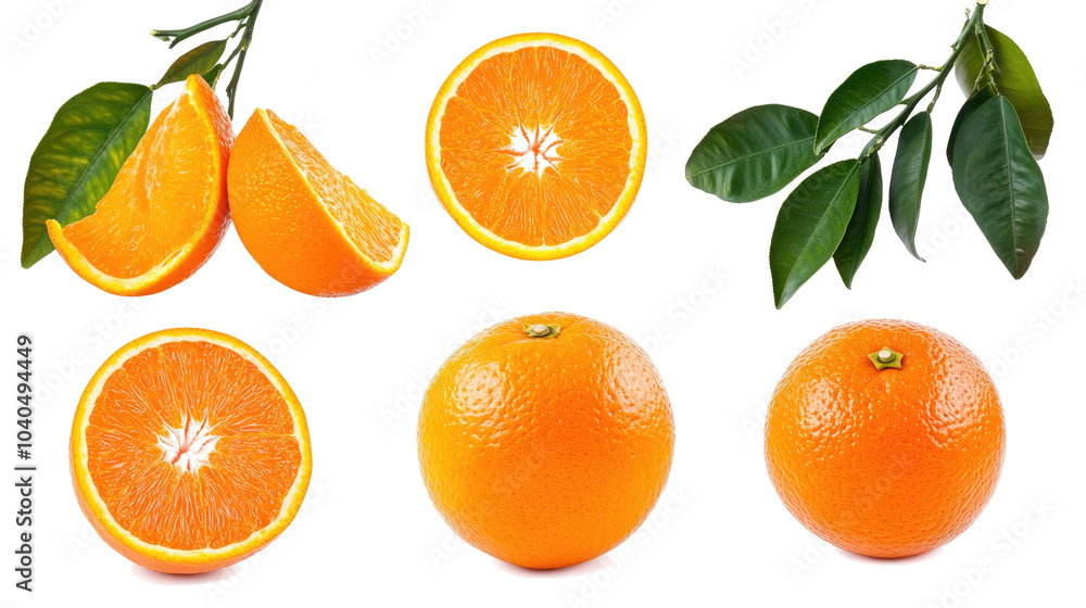 Poster fresh oranges with green leaves from a citrus tree branch set generative ai
