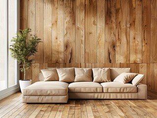 Contemporary living room with a large beige sectional couch in a warm wooden surroundings