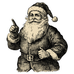Classic vintage illustration of Santa Claus giving a thumbs-up, isolated on a transparent background, PNG