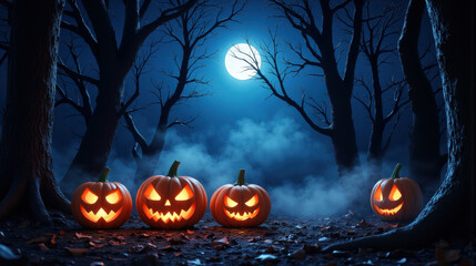 Fototapeta premium Spooky Halloween scene with glowing jack-o'-lanterns in a misty moonlit forest. Eerie atmosphere perfect for celebrating the autumn holiday with a touch of mystery.