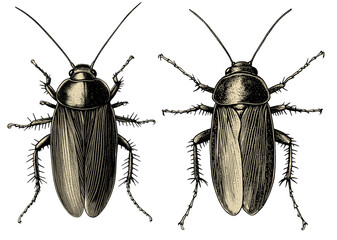 Detailed vintage illustration of cockroaches isolated on a transparent background, PNG
