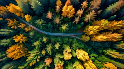 Colorful Autumn Woods from an Artistic Aerial View