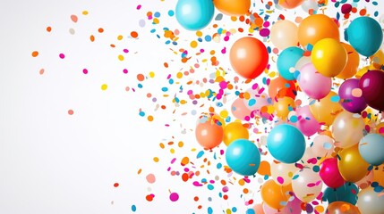 A festive explosion of colorful balloons and confetti celebrating joyous occasions