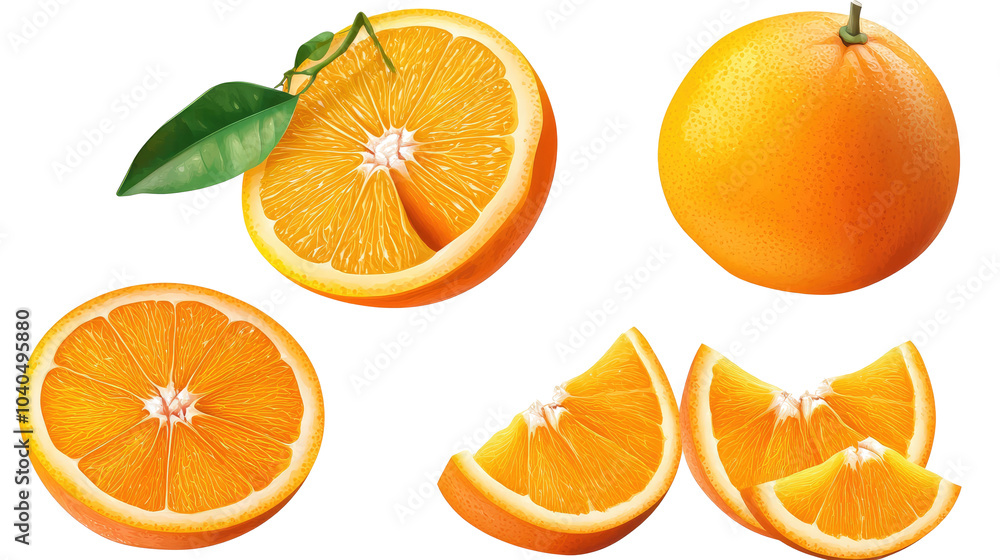 Poster orange slices and whole oranges on a clear background generative ai