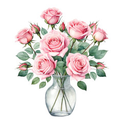 Watercolor pink roses in glass vase with isolated background, Pink rose bouquet with isolated background, Elegant pink roses in vase with isolated background.
