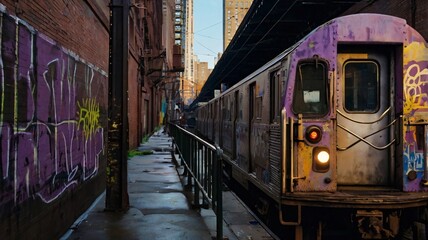 Obraz premium Urban subway train passing by graffiti-covered walls in a bustling city during the late afternoon light