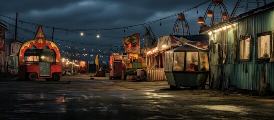 Fototapeta premium Empty carnival booths and a Ferris wheel stand lit by string lights under a cloudy sky at night.