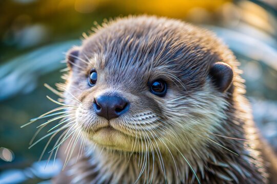 Wet otter close-up portrait with soft furry face