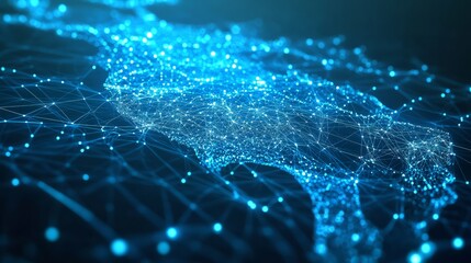 A 3D network map of the imaginary country, covered in glowing mesh lines and point clusters on a modern blue background