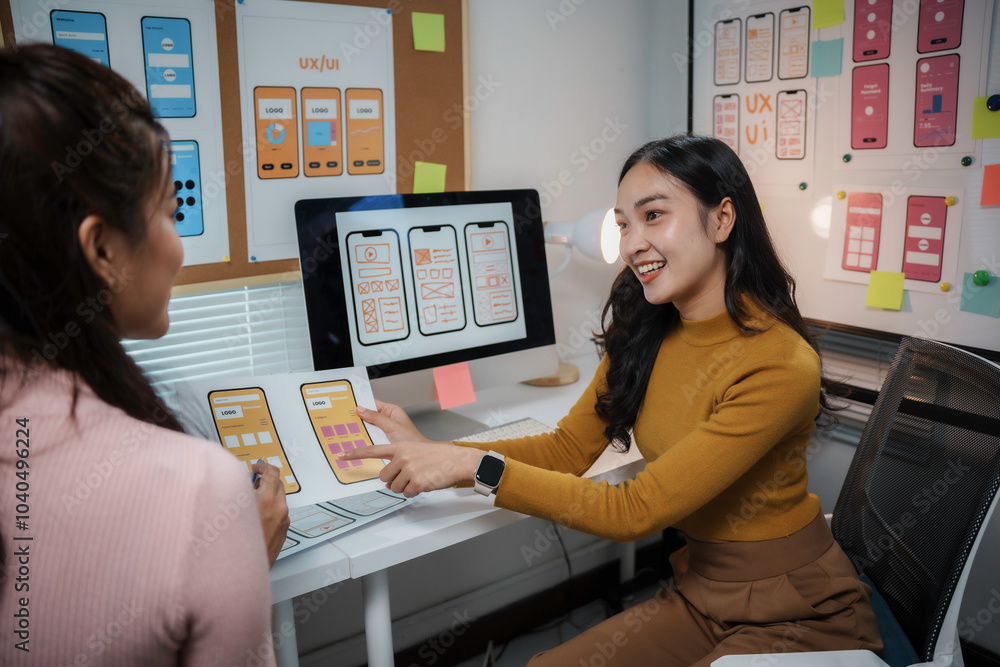 Wall mural two asian uiux designers discussing over mobile app interface wireframe design prototypes on their o