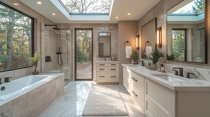 Modern bathroom with a large glass tub door in a new home interior design.