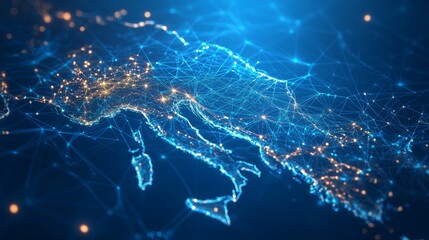 A 3D network map of the imaginary country, covered in glowing mesh lines and point clusters on a modern blue background
