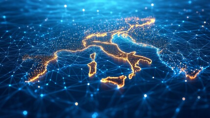 A 3D network map of the imaginary country, covered in glowing mesh lines and point clusters on a modern blue background