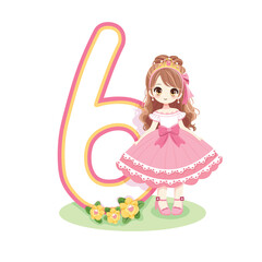 Cute princess with beautiful eyes in a pink dress and number 6 on white background. Happy Birthday concept. For Greeting Card or Invitation. Vector illustration in flat cartoon style