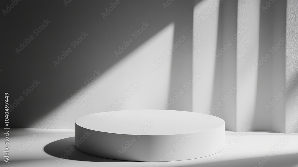 Poster minimalistic white round display pedestal with soft shadows in modern interior setting