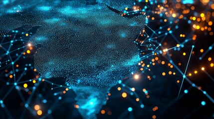 A 3D network map of the imaginary country, covered in glowing mesh lines and point clusters on a modern blue background