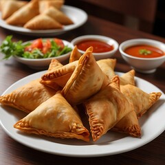 Samosas assortment with Tomato Sauce with some salad served