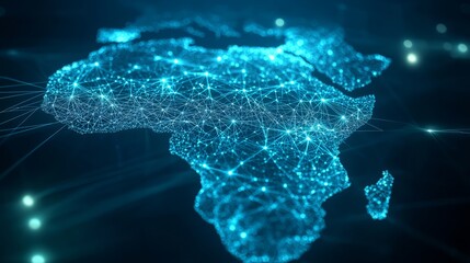 A 3D network map of the imaginary country, covered in glowing mesh lines and point clusters on a modern blue background