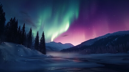 Fototapeta premium Aurora borealis over serene winter landscape with snow-covered trees and mountains.