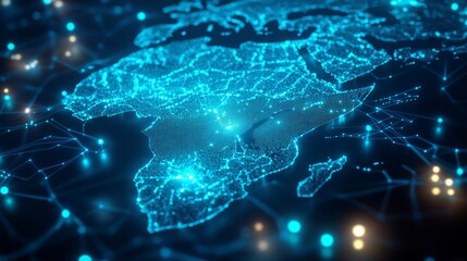 A 3D network map of the imaginary country, covered in glowing mesh lines and point clusters on a modern blue background