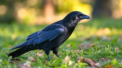 Fototapeta premium Black bird on green grass