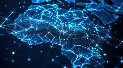 A 3D network map of the imaginary country, covered in glowing mesh lines and point clusters on a modern blue background