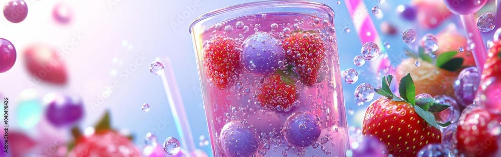 Poster refreshing fruity beverage featuring strawberries and bubbles, captured in a vibrant and colorful se